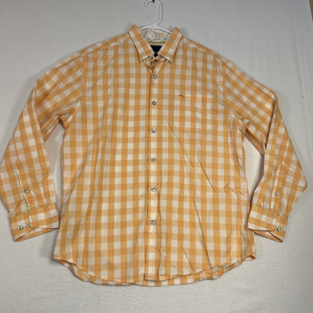 Tommy Bahama Mens Large Orange Gingham Pima Cotton Long Sleeve Button Up Shirt